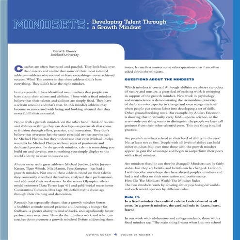 Olympic coach magazine mindset by carol dweck