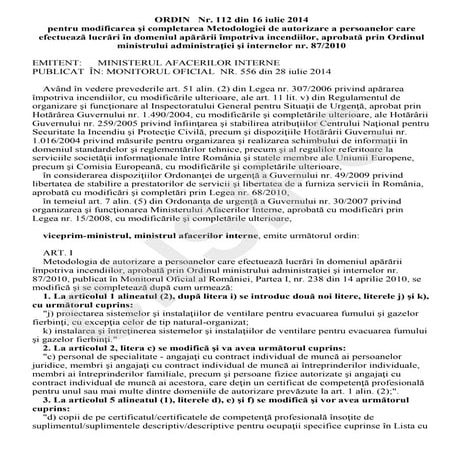 OMAI nr. 112 din 2014 mod OMAI 87 din 2010 autorizare pers fiz