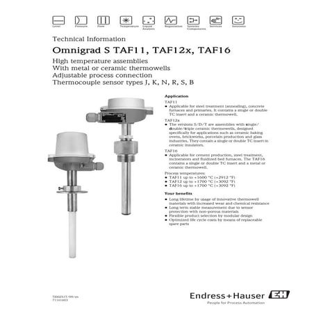 Omnigrad s taf11, taf12x, taf16 endress+hauser datasheet-high temperature ass...