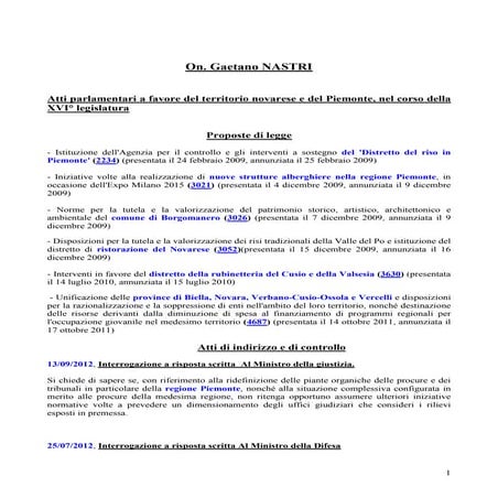 On. Gaetano Nastri attività legislativa sul territorio e nel complesso