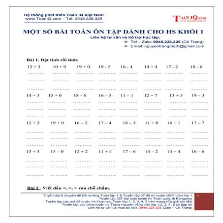 Một số bài toán lớp 1 ôn tập dành cho HS khối 1