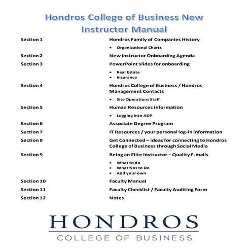 Onboarding 4.19.2016 Table of Contents to the New Instructor Manual