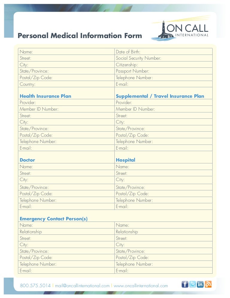 Personal Medical Information Form