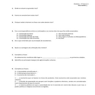 Exercícios de História - 7º Ano
