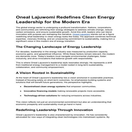 Oneal Lajuwomi Redefines Clean Energy Leadership for the Modern Era | PDF