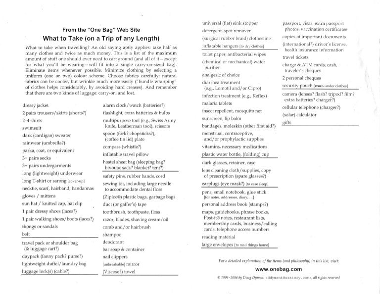 The One bag packing list