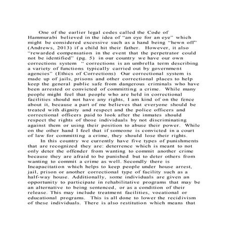       One of the earlier legal codes called the code of hammurabi 