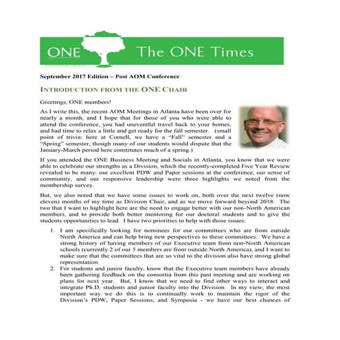 Organizations and the Natural Environment Fall 2017 Newsletter