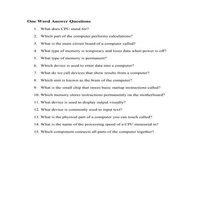 Essential One-Word Answer Questions on Computer Components and ...