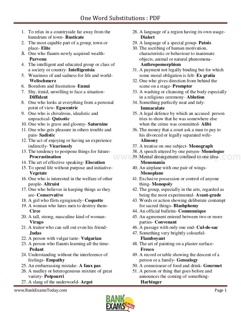 One Words Substitutions With Answers
