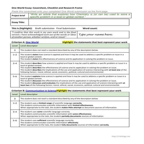 One World Coversheet, Checklist, Writing Frame
