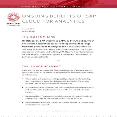 Ongoing Benefits of SAP Cloud for Analytics by Nucleus Research