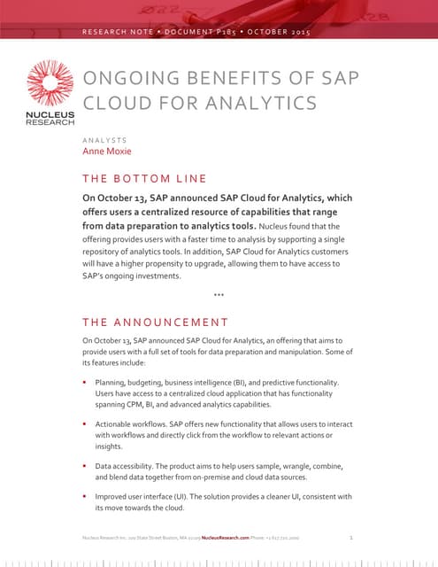 Ongoing Benefits of SAP Cloud for Analytics by Nucleus Research
