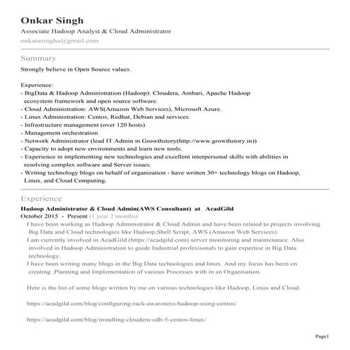 Hadoop & Cloud Administrator