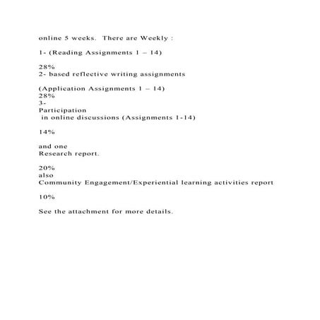 online 5 weeks.  There are Weekly 1- (Reading Assignments 1 – 1.docx