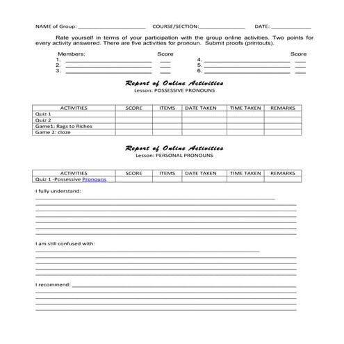 Online activities for pronoun