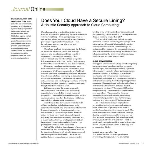 ISACA Journal Publication - Does your Cloud have a Secure Lining? Shah Sheikh