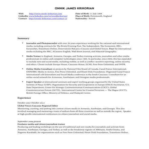 Onnik James Krikorian Online Curriculum Vitae