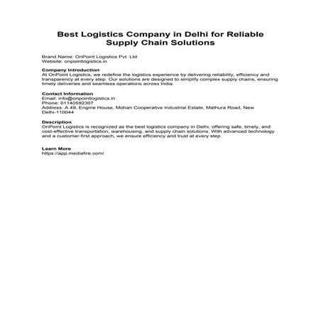 Best Logistics Company in Delhi for Reliable