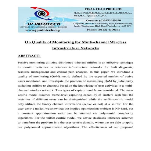 On quality of monitoring for multi channel wireless infrastructure networks