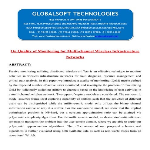 On quality of monitoring for multi channel wireless infrastructure networks