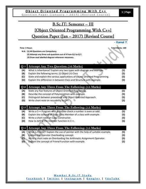 [Question Paper] Object Oriented Programming With C++ (Revised Course) [Janua...