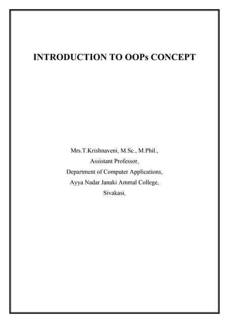 Introduction to OOPs Concept- Features, Basic concepts, Benefits and Applicat...