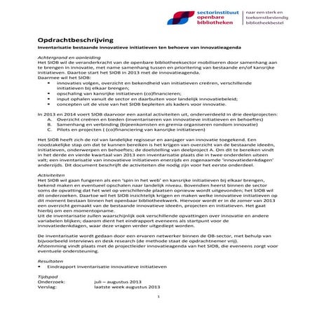 Opdracht inventarisatie innovatie siob juli 2013