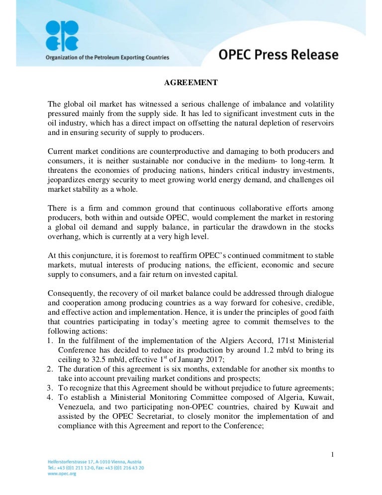 OPEC Production Cut Agreement 2016 2017