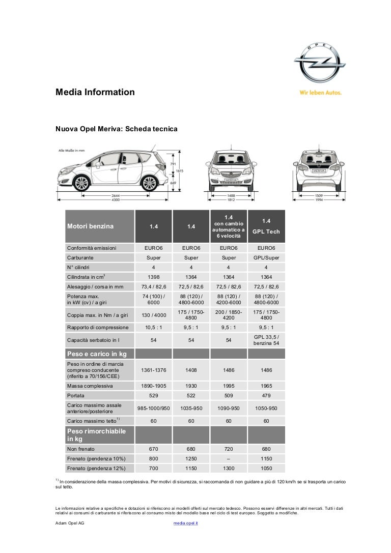 Opel Meriva 14 Scheda Tecnica