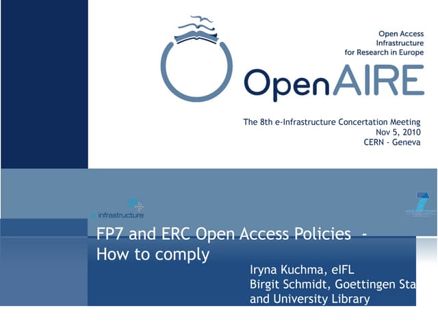 OpenAIRE  at the 8th e-Infrastructure Concetration Meeting Nov 5, 2010 CERN -...