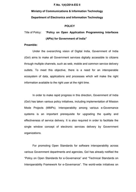 Policy on Open Application Programming Interfaces (APIs) for Government of India