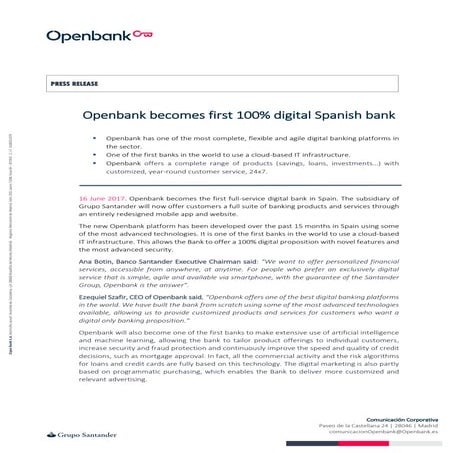 Openbank becomes first 100% digital Spanish bank