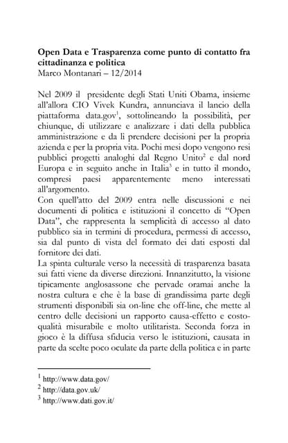 Open Data e Trasparenza come punto di contatto fra cittadinanza e politica