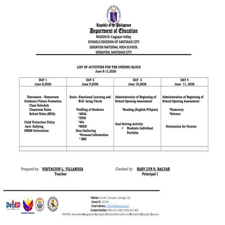Comprehensive Opening Week Activities at Sinsayon National High School ...