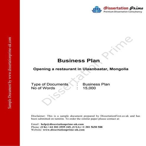 Opening a Restaurant Plan Dissertation Sample