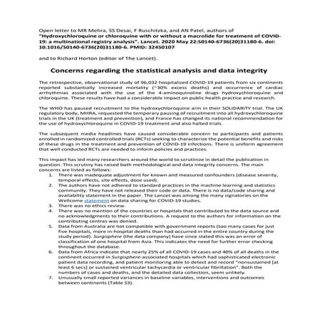 Open letter the statistical analysis and data integrity of mehra et al ...