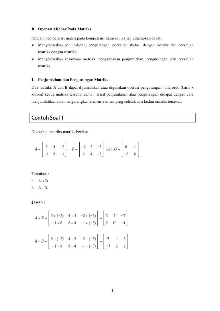 Operasi Aljabar Pada Matriks