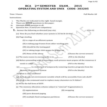 Operating system and unix code 303205 bca 2nd semester exam. 2015 | PDF ...