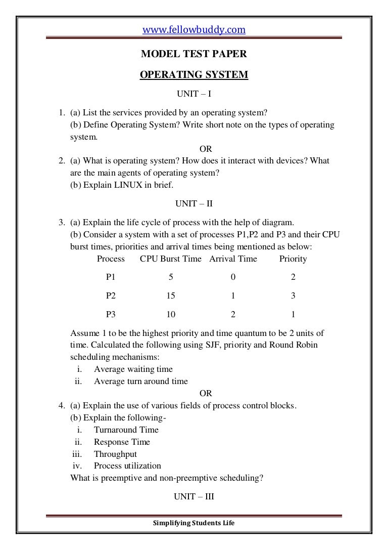 Operating System Model Test Paper