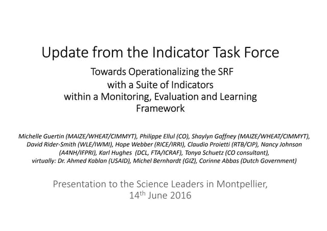 Towards Operationalizing the SRF with a Suite of Indicators within a Monitoring, Evaluation and Learning Framework