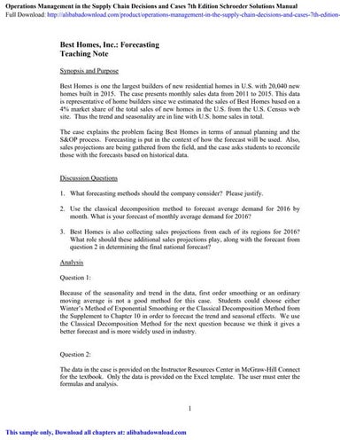 Operations Management in the Supply Chain Decisions and Cases 7th Edition Sch...