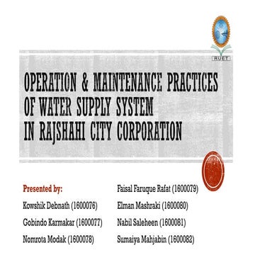 Operations and Maintenance Practices of the Water Supply System in Rajshahi City Corporation