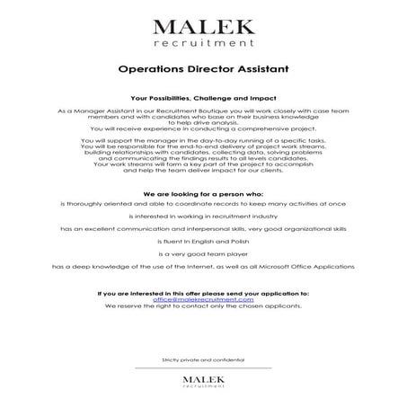 Position: Operations Director Assistant - Malek Recruitment, Warsaw, Poland