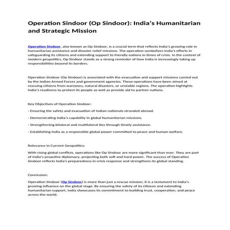 Operation Sindoor (Op Sindoor): India’s Humanitarian and Strategic Mission