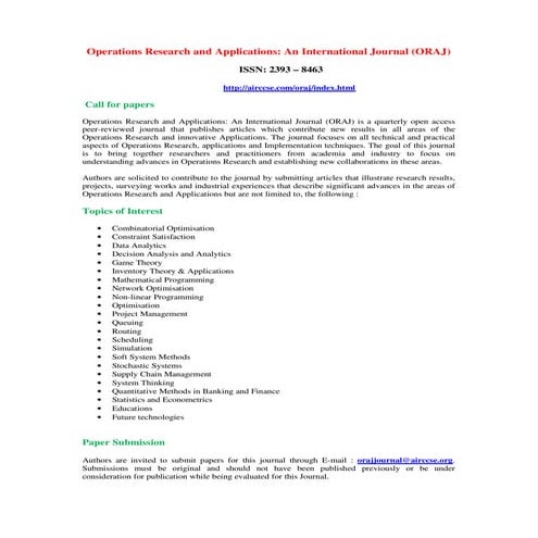 Operations Research and Applications An International Journal (ORAJ) PDF