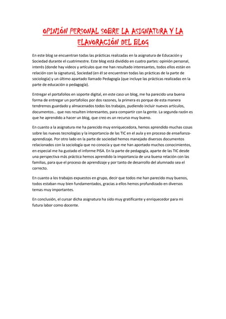Opinión personal sobre la elavoración del blog