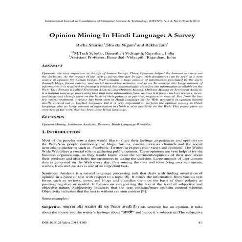 Opinion mining in hindi language a survey