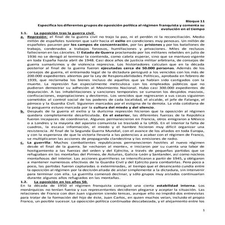 Bloque 11. Especifica los diferentes grupos de oposición política al régimen ...