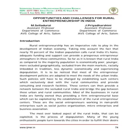 Opportunities and challenges for rural entrepreneurship in india